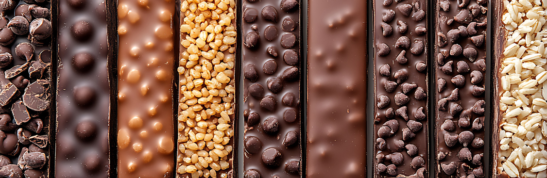Multiple types of snack and granola bars lined up next to each other