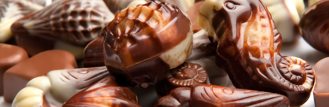 Close-up of gourmet chocolate molded into shell and seahorse shapes