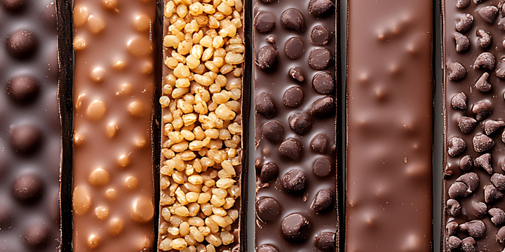 Multiple types of snack and granola bars lined up next to each other
